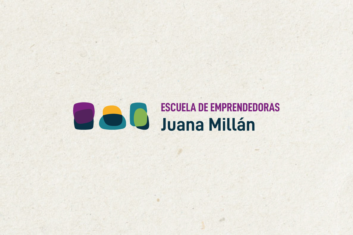 Ejemplo de aplicación de Identidad de la Escuela de emprendedoras Juana Millán en diferentes materiales: Bolsa de tela, triptico, tarjetas de visita, acreditación, sobre, díptico